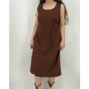 vintage boho minimalist earth tone brown linen blend shift dress sleeveless 14